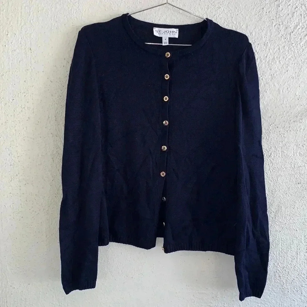 ST. JOHN Collection NAVY BLUE SANTANA KNIT CARDIGAN SWEATER GOLD BUTTON SIZE 8